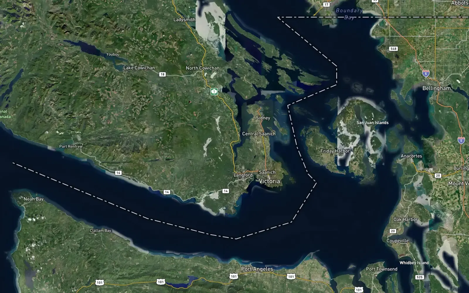 Satellite map of Greater Victoria and the Salish Sea