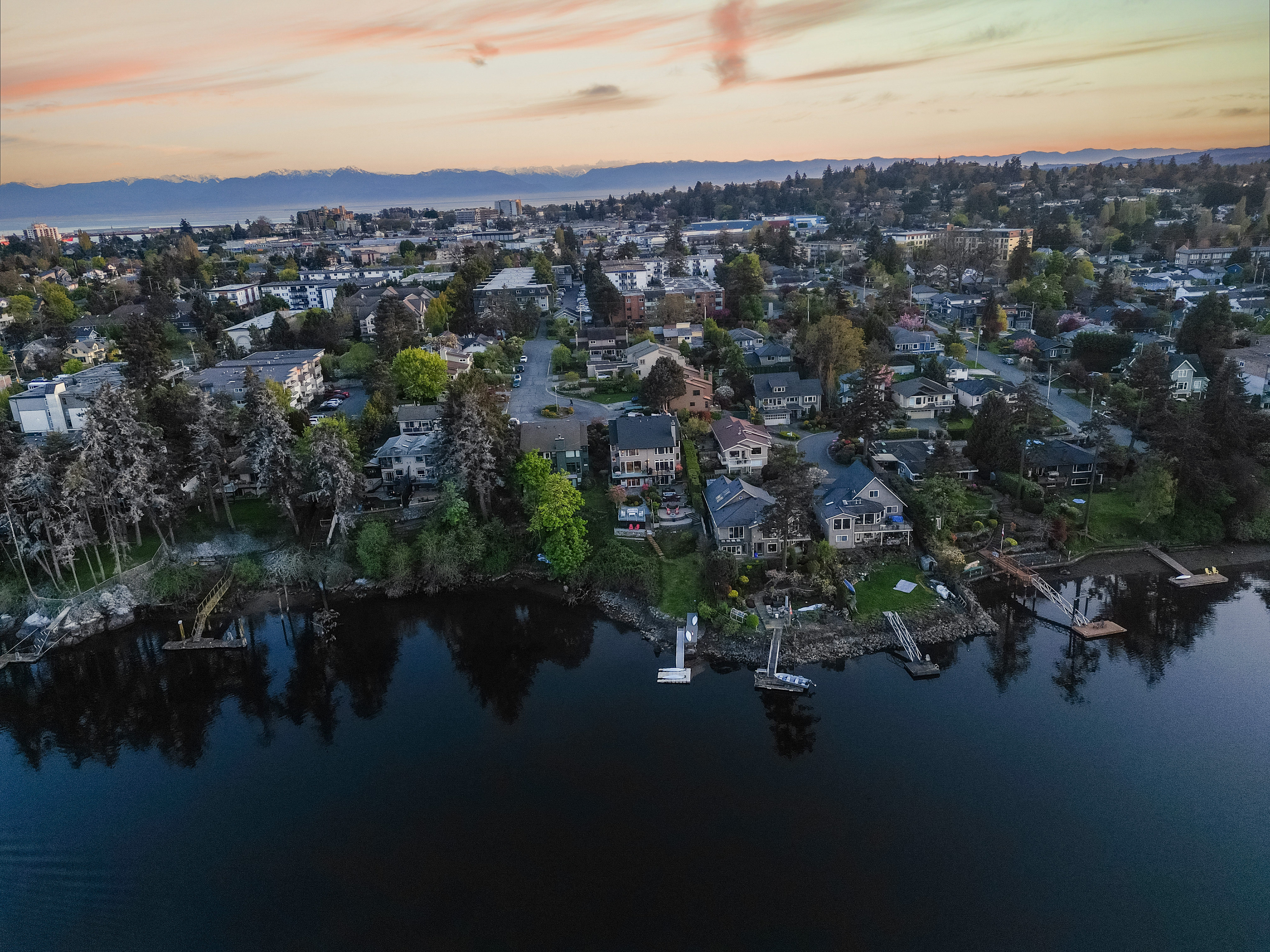 Gorge waterway aerial at sunset